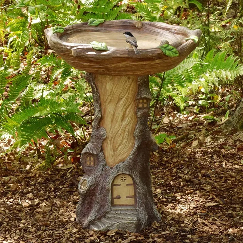 Full-size Fairy Garden Birdbath with Miniature Fairy House in a Tree Stump, Hand-painted, All-Weather, Wood-look Resin