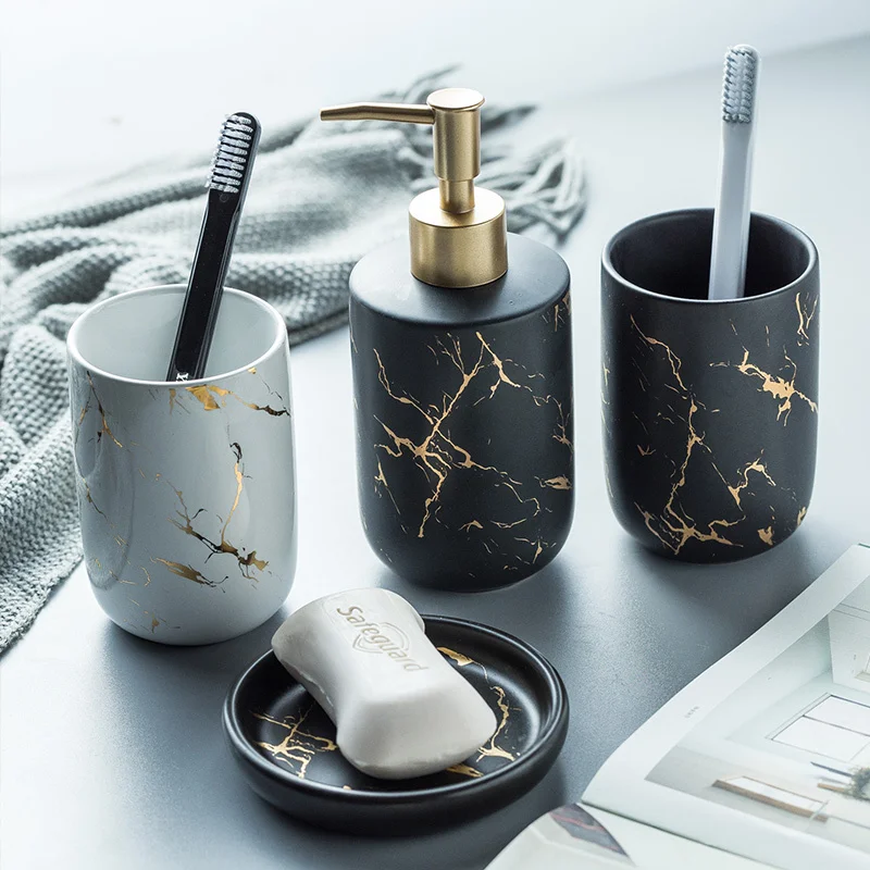 Bathroom Accessories Set Black Gold Marble Bathroom Set With Toothbrush Holder Lotion Dispenser Soap Dish Tumbler Home Organizer