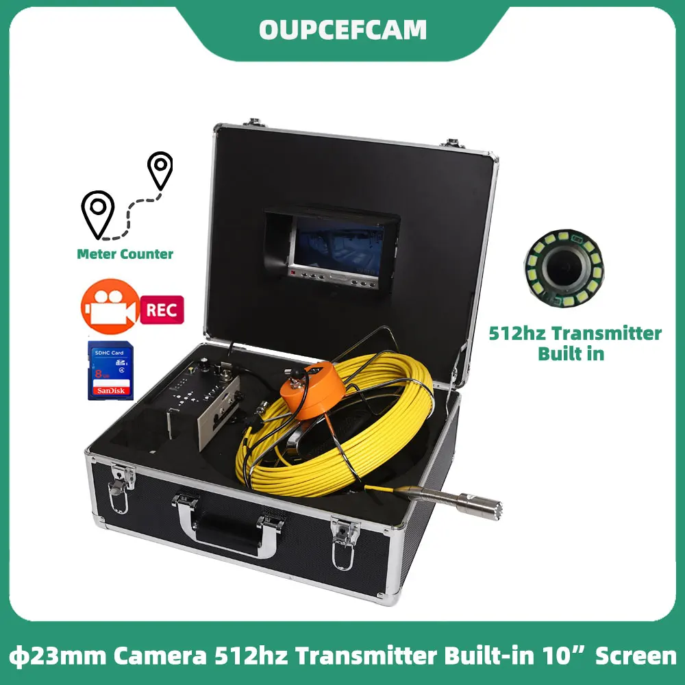 

φ23mm Camera 512hz Transmitter Built-in 10" Screen Drain Pipe Sewer Inspection Endoscope System DVR Meter Counter φ5mmCable