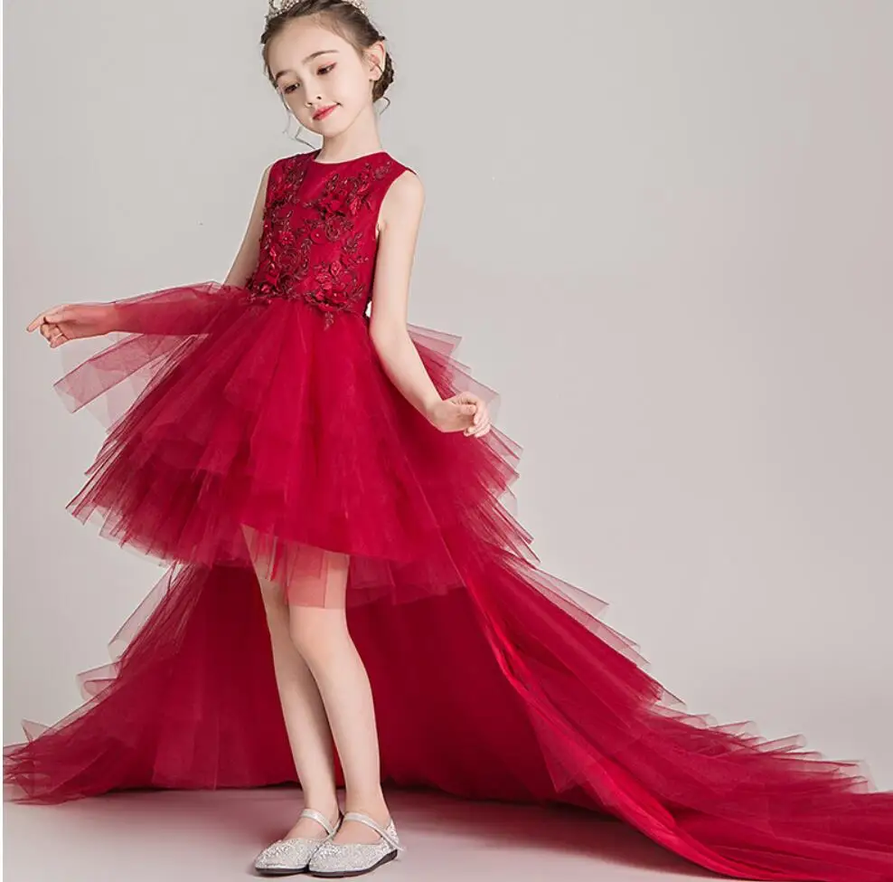 Red Tulle Girl Children Wedding Dress Appliques First Communion Formal long Lace Princess Prom Dress Party Girl Birthday Costume