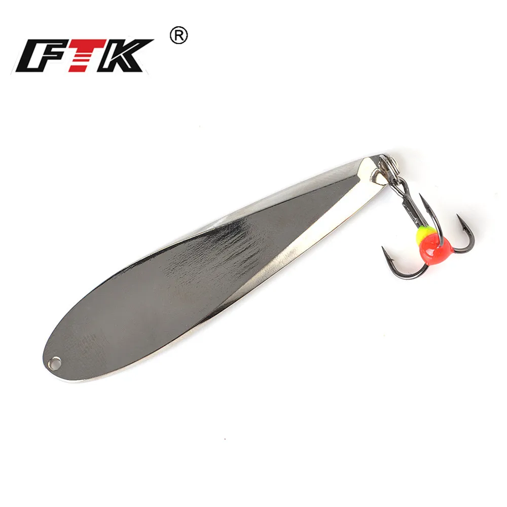 FTK 12g Metal Ice Fishing Lure With Treble 73mm Silver Winter Spoon Hard Artificial Baits Jig Lure Bass Pike