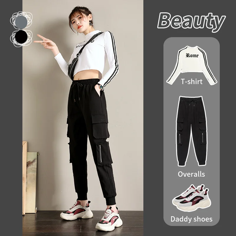 Cargo Women Pants Safari Style Drawstring Elastic Waist Cotton Pants Female High Waist Korean Fashion Casual Women Trousers