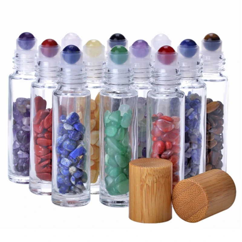 500pcs 10ml empty Natural Gemstones Essential Oil Roller Ball Bottles Transparent Glass With Bamboo Lid Caps