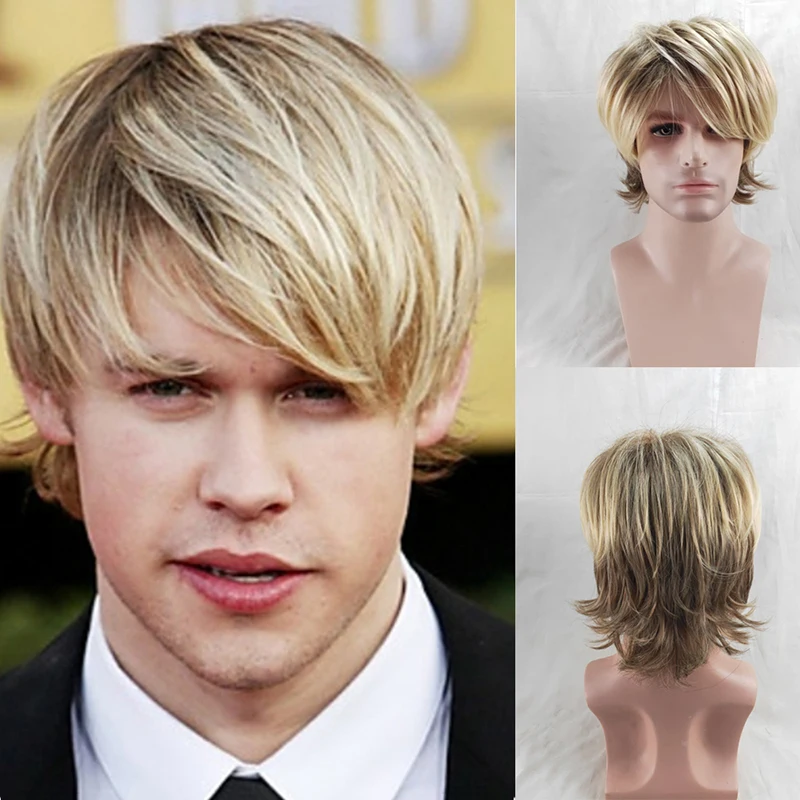 

HAIRJOY Synthetic Hair Male Short Curly Wig Heat Resistant Fiber with Bangs Brown Blonde Mixed Wigs for Man