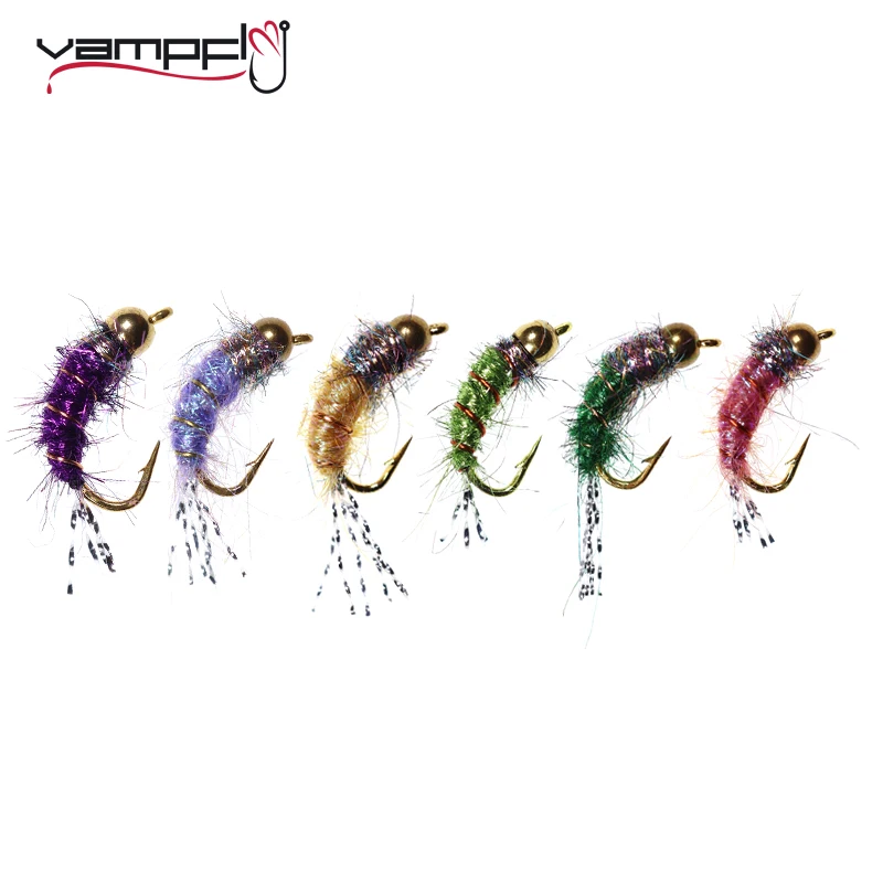 Vampfly 12PCS Brass Bead Head Fishing Flies Trout Lures  Rainbow Nymph Caddis Fly Lures #12 Blue Olive Purple Yellow