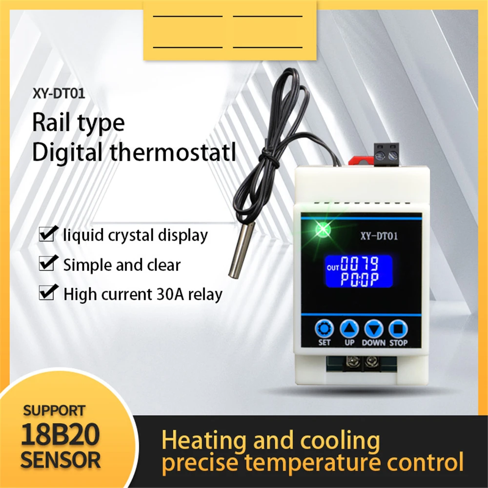 DT01 Digital Temperature Controller 30A Support 18B20 Sensor Module Relay Rail Digital Thermostat with 0.5M 10K probe