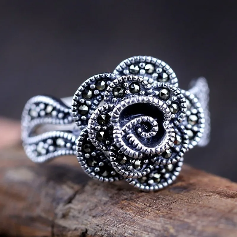 BOCAI 100% S925 Sterling Silver Rings Marcasite Rose Antique Style Thai Silver Hand Jewelry Pure Argentum Rings for Women