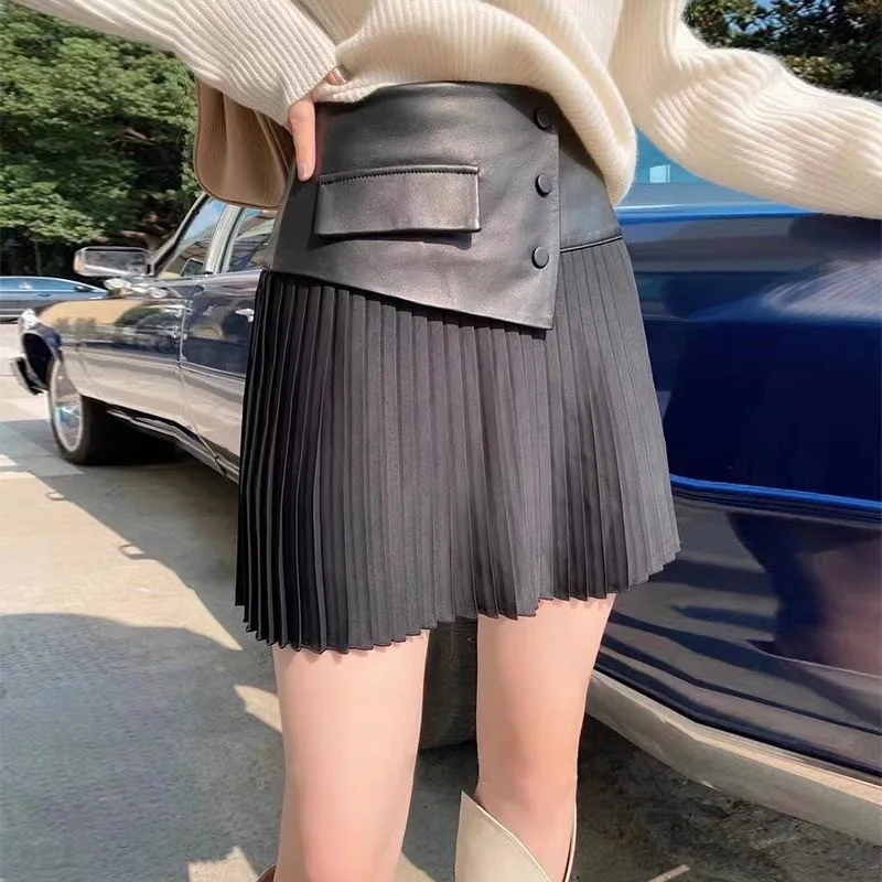 2024 New Lambskin Skirt High Waist Pleated Skirt Special A-Line Sheepskin Genuine Leather Skirt Plus Size Goth Splice Above Knee