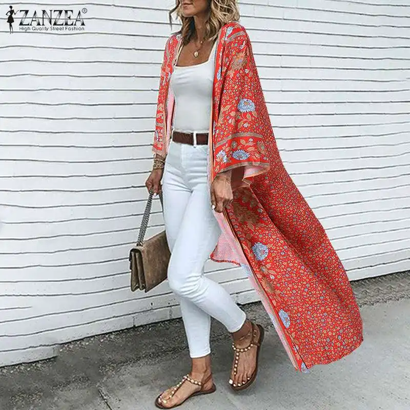 ZANZEA Summer Cardigan Kimono Women Bohemian Floral Printed Long Shirt Vintage Tops Casual Open Front Long Sleeve Beach Blouse