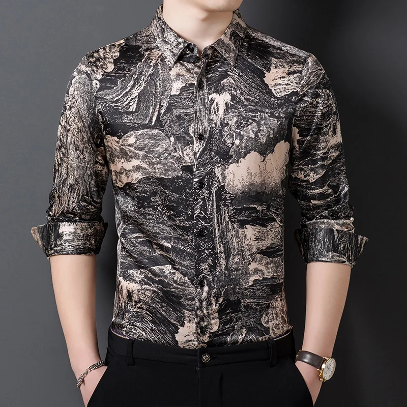 Men's Business Print Dress Shirts Silk Long Sleeve Formal Button-Down Collar Shirt Slim Fit Spring&Autumn Men's Casual Shirt