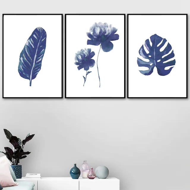 

Blue Purple Watercolour Tropical Big Leaves Flower Pictures Nordic Plant Posters Wall Art Canvas Painting For Living Room