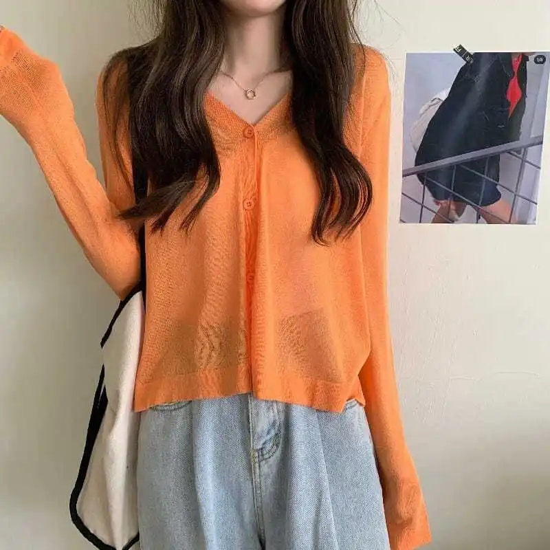 Cardigan Women Thin Casual Solid Simple Sun-proof Summer Popular Crops Female Single Breasted Korean Loose Knitted Ins Clothing