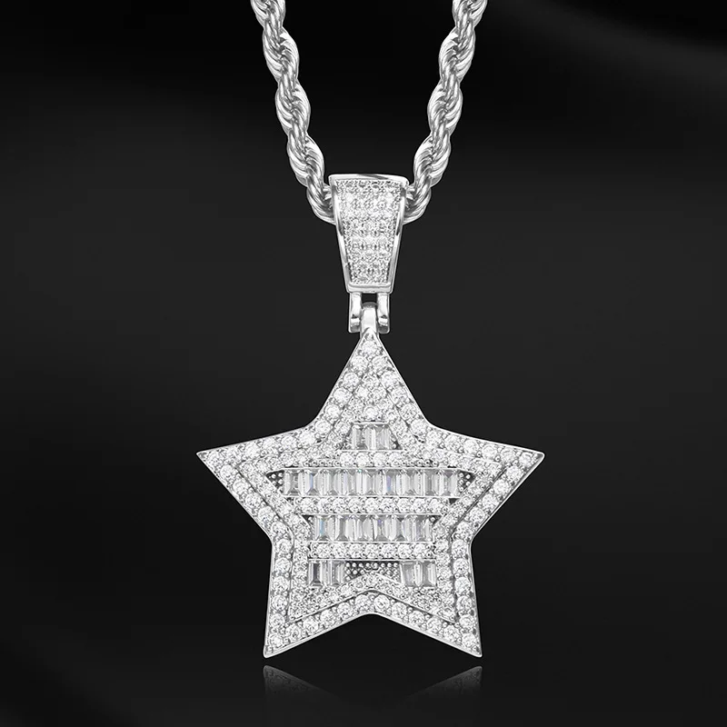 

Shiny Iced Out Bling Pendant Necklace Hip Hop Jewelry Pentagram Necklace Silver Color Cubic Zircon Men's Women Gift