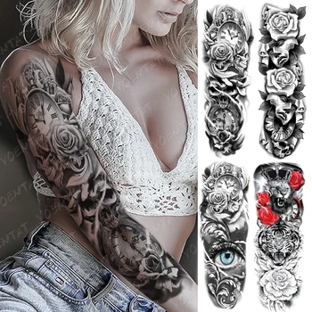 Relojes de tatuaje de manga de brazo grande, Ojo de Rosa, León, tatuaje temporal resistente al agua, pegatina, arte corporal de tiempo de flor, tatuaje falso completo para mujeres y hombres