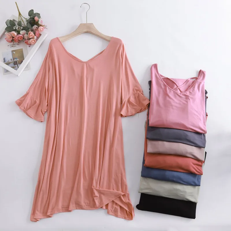 New Nightgowns Women Loose Modal Summer Dress Beautiful Back Flared Sleeves Sexy Nightshirt Large Size Ladie\'s Nightdress