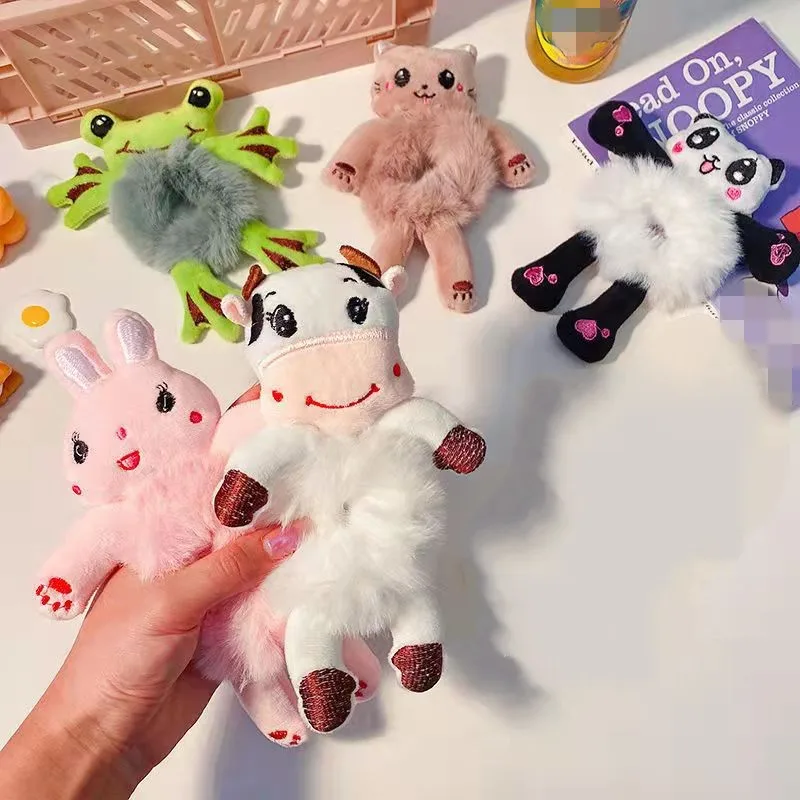 Laço de cabelo para crianças elástico cabelo de borracha cabeça da criança acessórios dos desenhos animados de pelúcia sapo coelho gato pelúcia animal scrunchie atacado