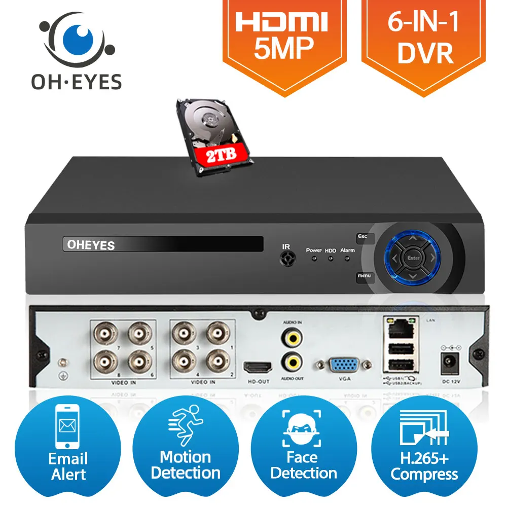 

H.265 8CH 5MP 6 In 1 Hybrid DVR NVR Recorder Face Detection XMEYE 8 Channel CCTV AHD DVR System 4CH Video Surveillance Recorder