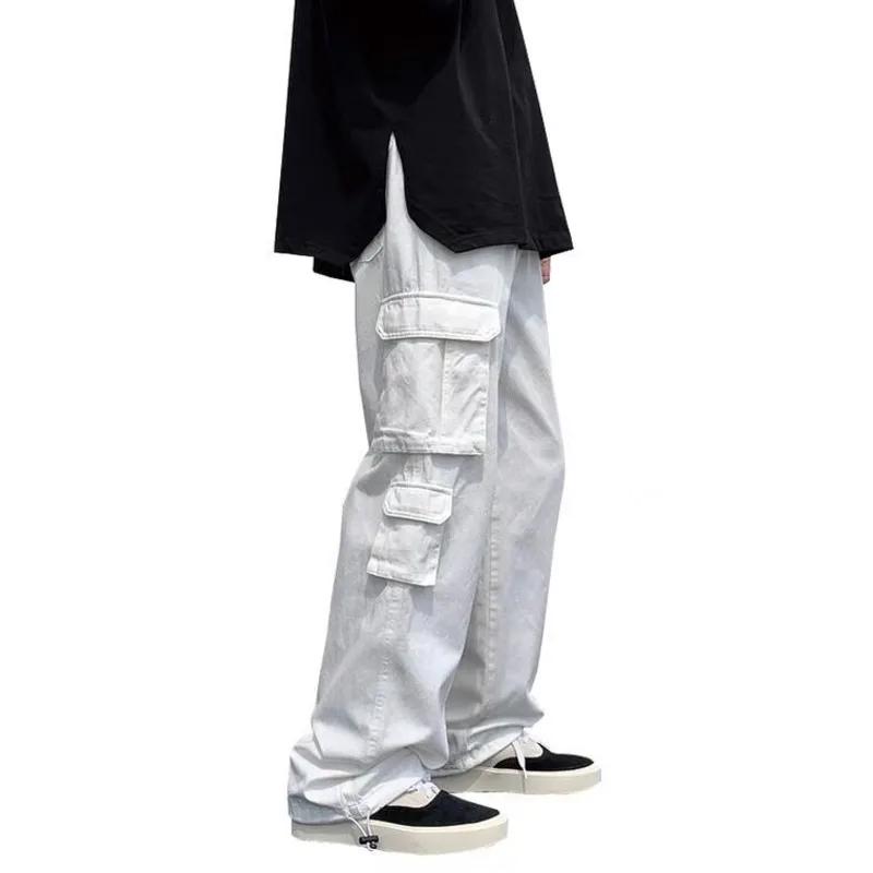 Black Cargo Pants Men Fashion Loose Straight Wide Leg Pants Men Streetwear Hip-hop Pocket Casual Pants Mens White Trousers