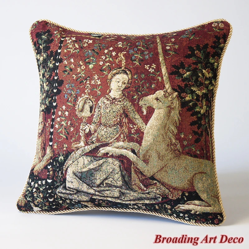 Medieval Tapestry Pillow Cushion Cover Lady & Unicorn - Sight, Jacquard Weave Decoration Cotton 100% Double Sided Size 45x45cm