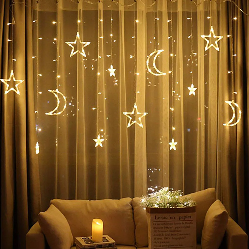 Imagem -03 - Estrela Lua Cortina Led String Luz Natal Ramadan Guirlanda Luz Romântico Luzes do Feriado para a Decoração da Festa de Casamento 3.5m 138leds