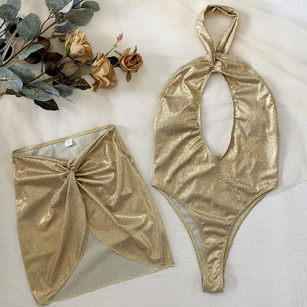 FS 2022 Sexy Triangle Bikini Swimsuit Swimwear Skirts 2 Pieces Bathing Suit Halter Gilding Backless Open Chest Bow