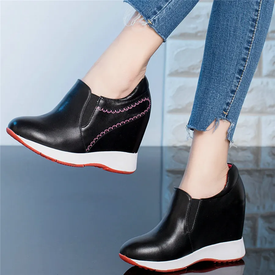 Fashion Sneakers Women Genuine Leather Wedges High Heel Vulcanized Shoes Female Round Toe Platform Pumps Shoes Low Top Loafers