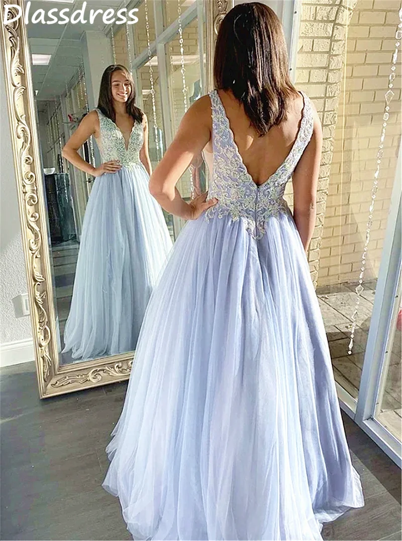 

Light Purple Prom Dresses Simple Laces V-neck Sleeveless A-line Tulle Floor Length Elegant Evening Dresses коктейльные платья