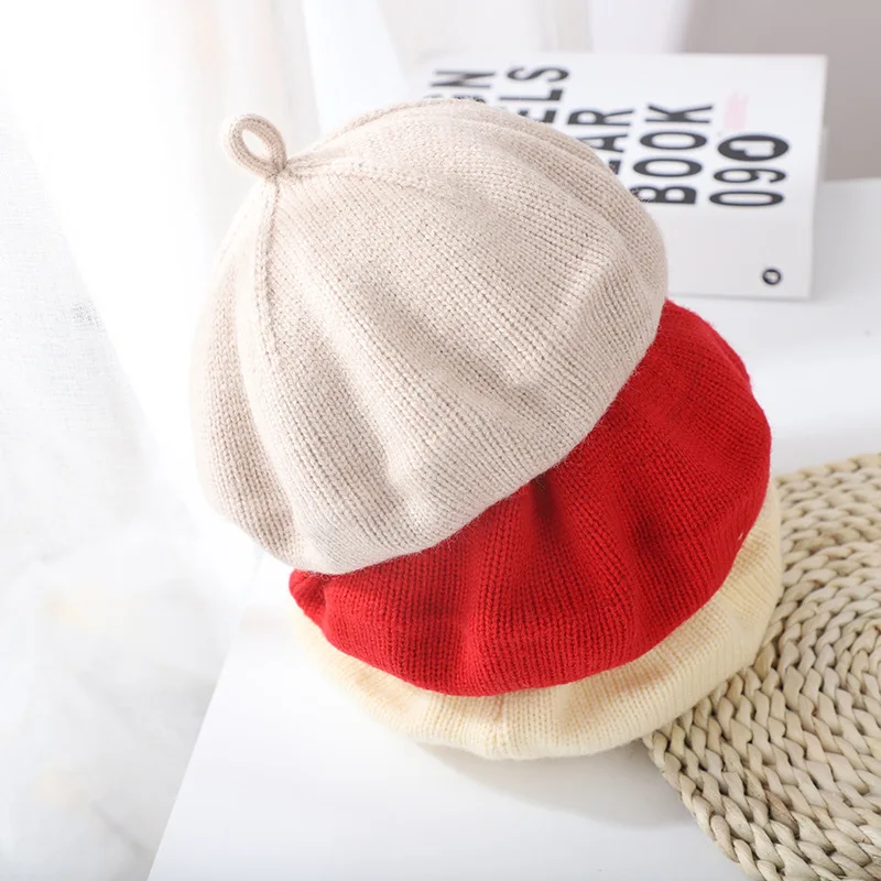 Korean Style Children'S Beret Candy Color Knitted Hat Soft Girls Woolen Hat Pumpkin Hat Autumn And Winter Matching