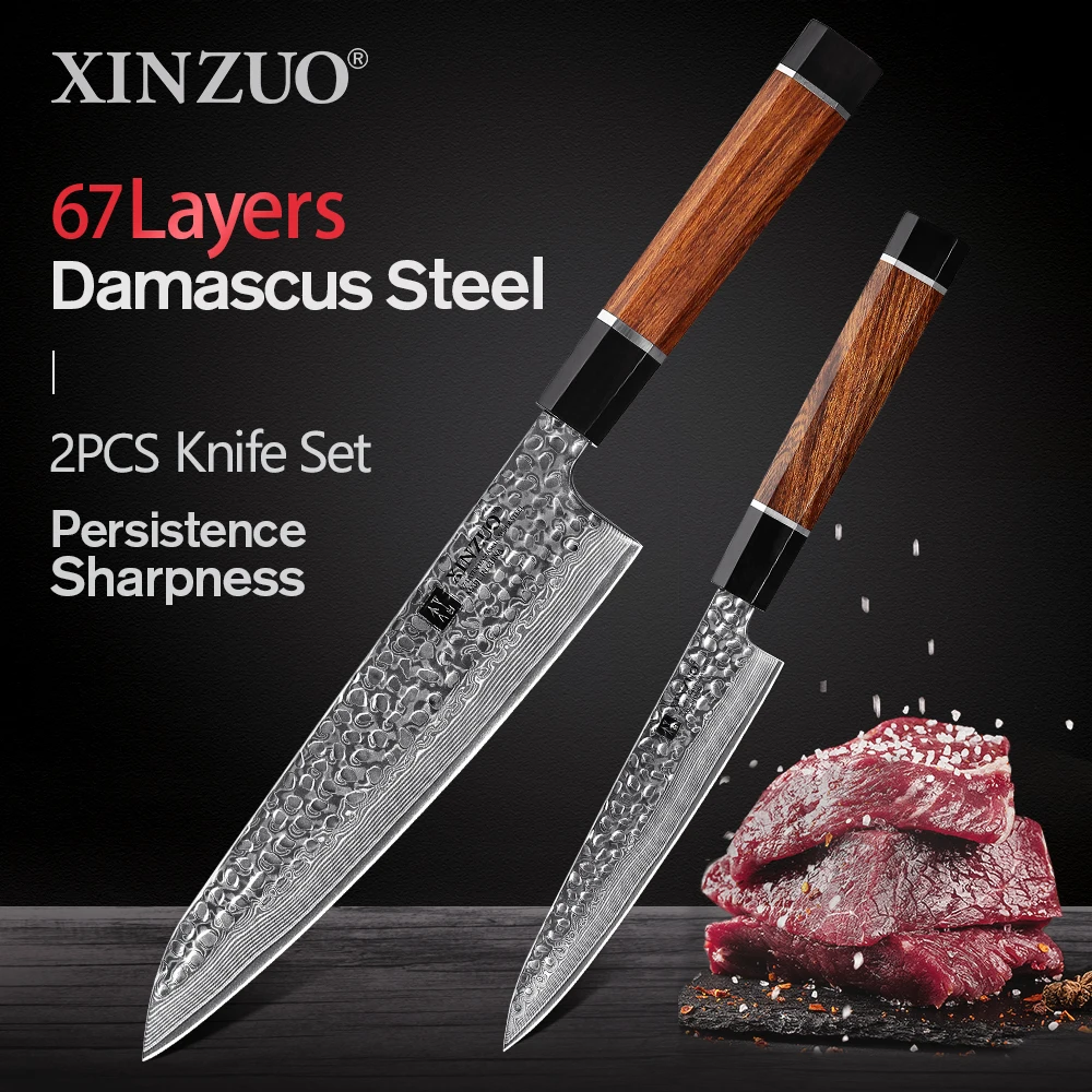 

XINZUO Japanese High Carbon VG10 Damascus Steel 2PCS Knives Sets North America Desert Ironwood Handle Kitchen Knives