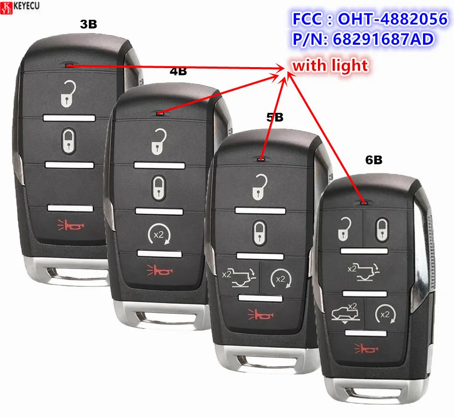 3/4/5/6B Smart Prox Remote Key 433.92Mhz PCF7939M / HITAG AES / 4A Chip FCC ID: OHT-4882056 for Dodge Ram 1500 Pickup 2019 2020