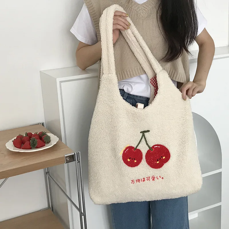 Women Plush Cherry Embroidery Tote Shoulder Bag Fluffy Canvas Handbags Lamb Like Fabric Large Shopping Bags Girls Cute Book Bag