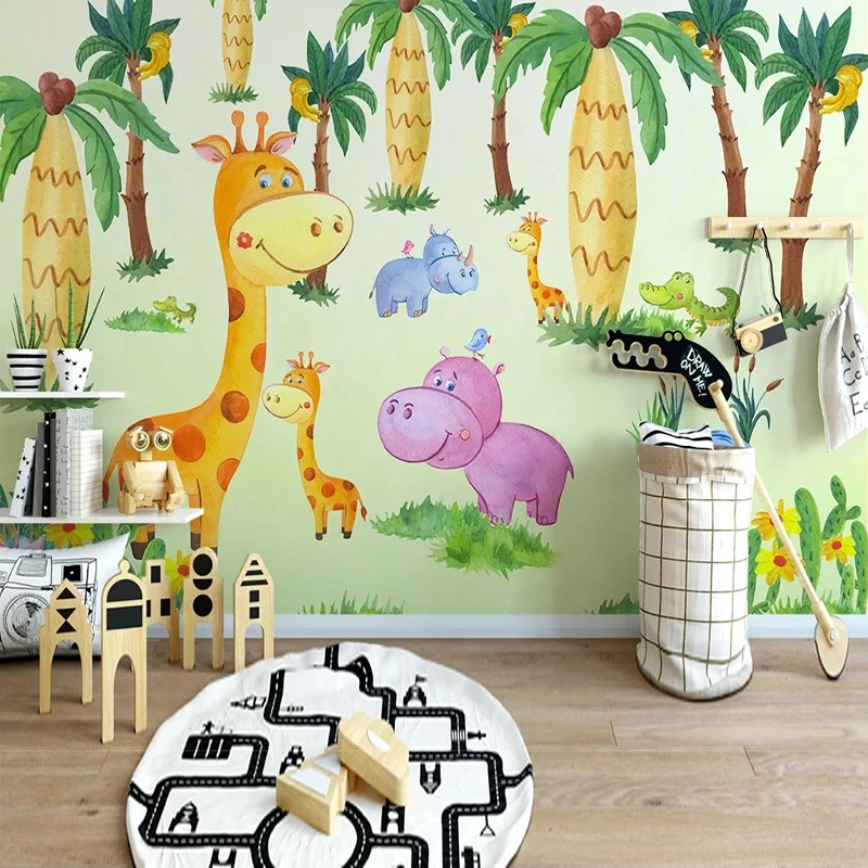 Custom Any Size 3D Wallpaper Self-Adhesive Modern Minimalist Tropical Forest Cute Animal Children's Room Background Wall Tapety