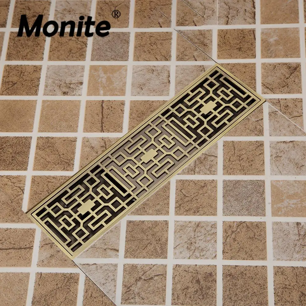 Monite Antique Brass Floor Drain Classical Bathroom Linear Shower 30*8 cm Floor Drain Wire Strainer Art Carved Cover Waste Drain