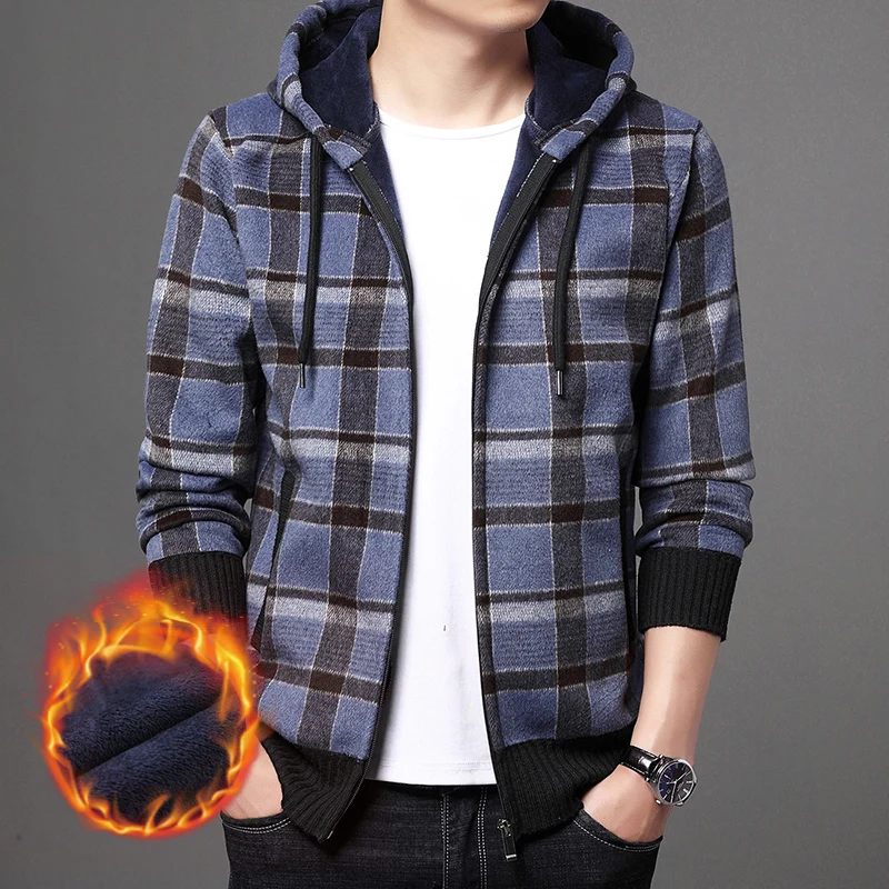 Top Quality New Brand Fashion Woolen Thick Velvet Hooded Casual Baseball Collar Jacket Men Plaid Cardigan Coats Men Clothes