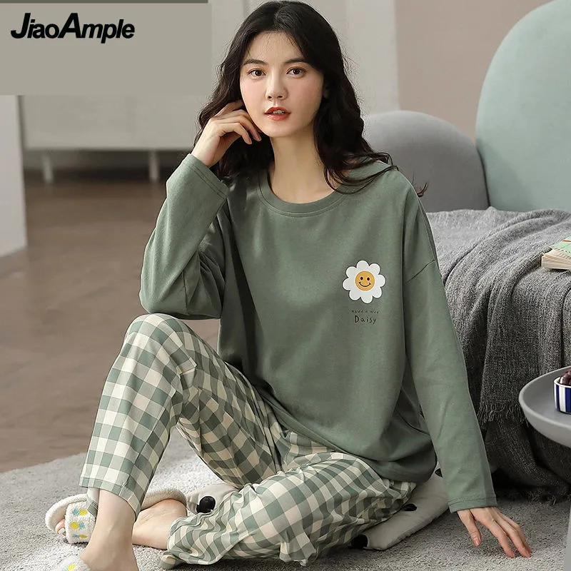 Women's Pajamas Spring Autumn New O-Neck Loose Long-sleeved Trousers Pijamas Two-piece Korean Cartoon Sleepwear Suit