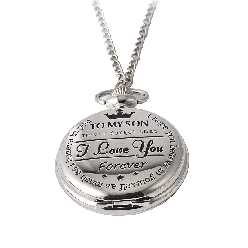 8809FOREVER letter quartz pocket watch large pocket watch silver To My Son flip crown pocket watch with necklace