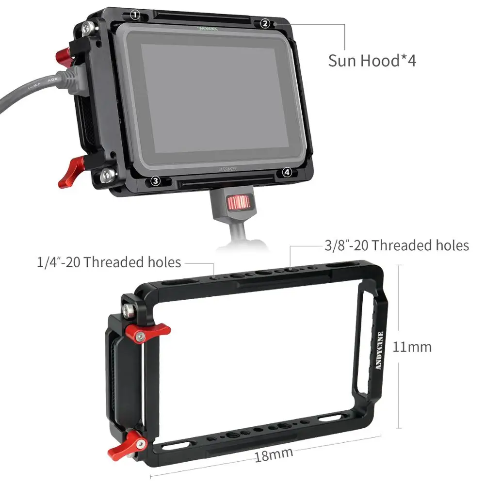 Andycine 5 "กรงในตัว NATO Rail และสาย HDMI Clamp Sunhood สำหรับ Atomos Ninja V และ Shinobi