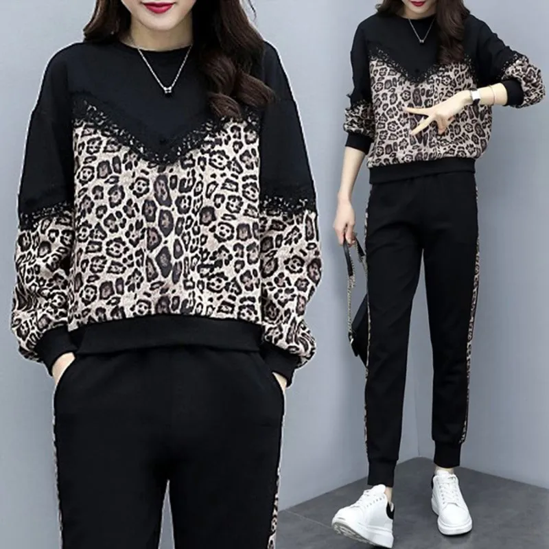 Leopard Print Casual Pantsuit Set for Women, Oversize Tracksuits, full sets Large Sizes, Long Sleeve, Fashion Sportswear, 5XL