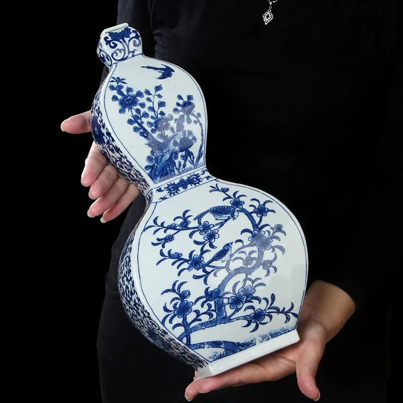 Jingdezhen ceramic ware, Yuan blue and white, new Chinese style square gourd ornament, vase, living room, antique antique