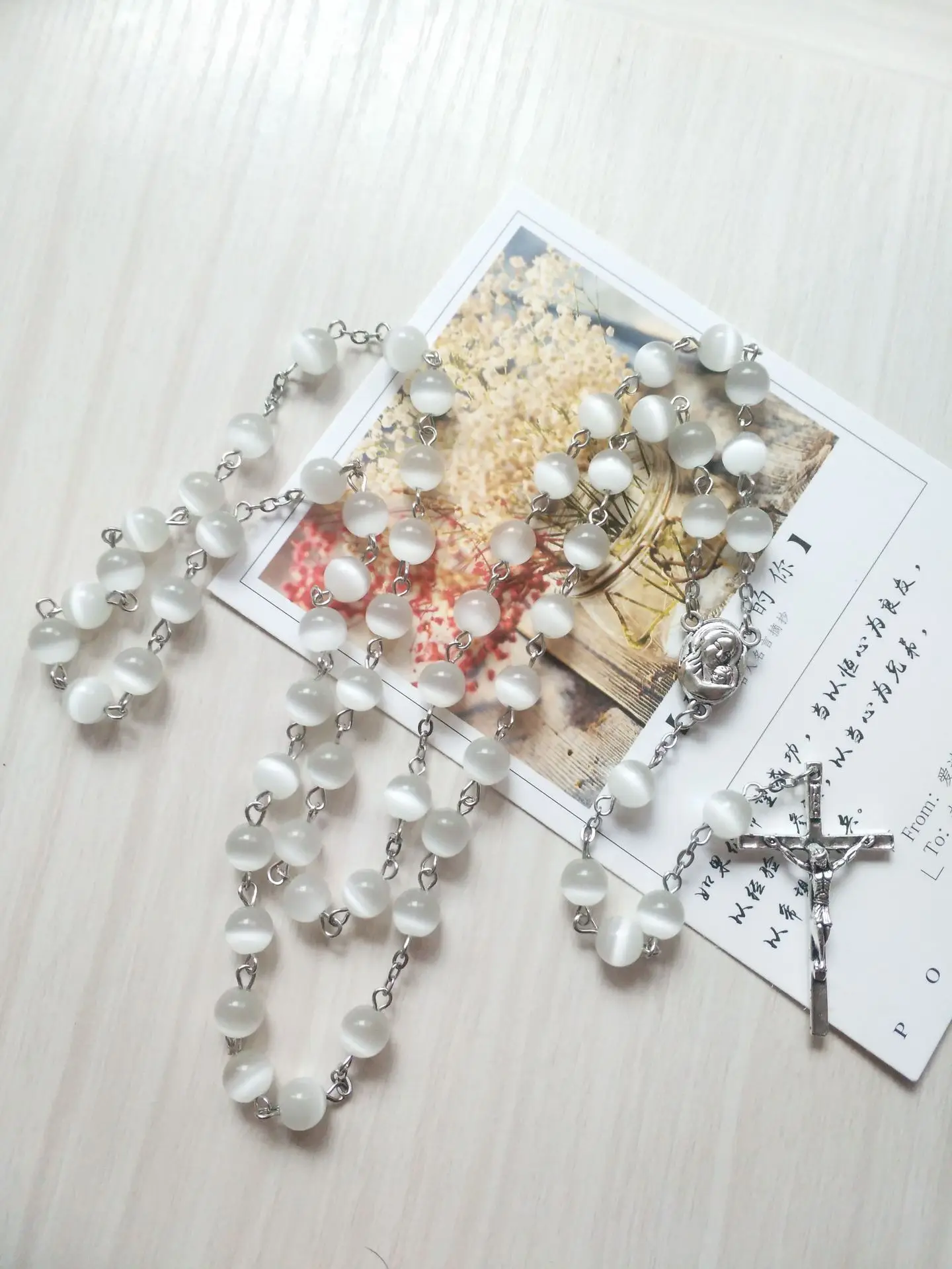 New White Opal Catholic Rosary Necklace Cross Jesus brings Good Luck Necklace