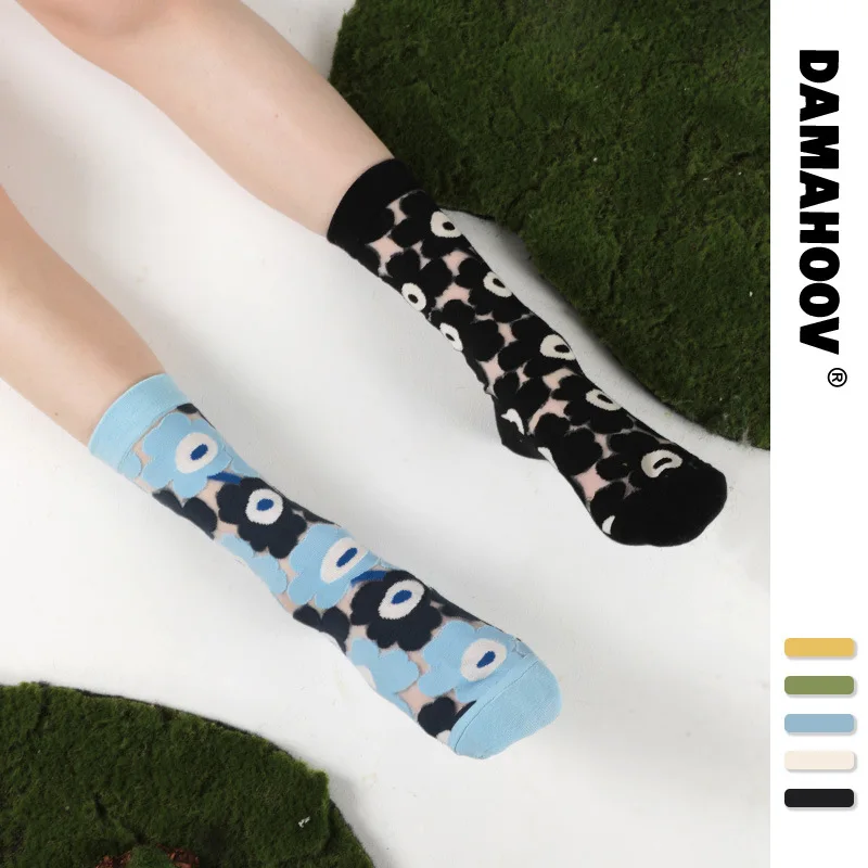 

thin transparent glass silk socks breathable big flower socks children's middle tube socks cross border Korean version