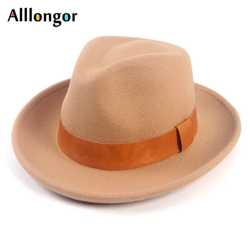 Wide Brim Simple Church Derby Top Hat 2024 Winter Panama Solid Felt Fedoras Hat With Belt For Women artificial Wool Jazz Cap