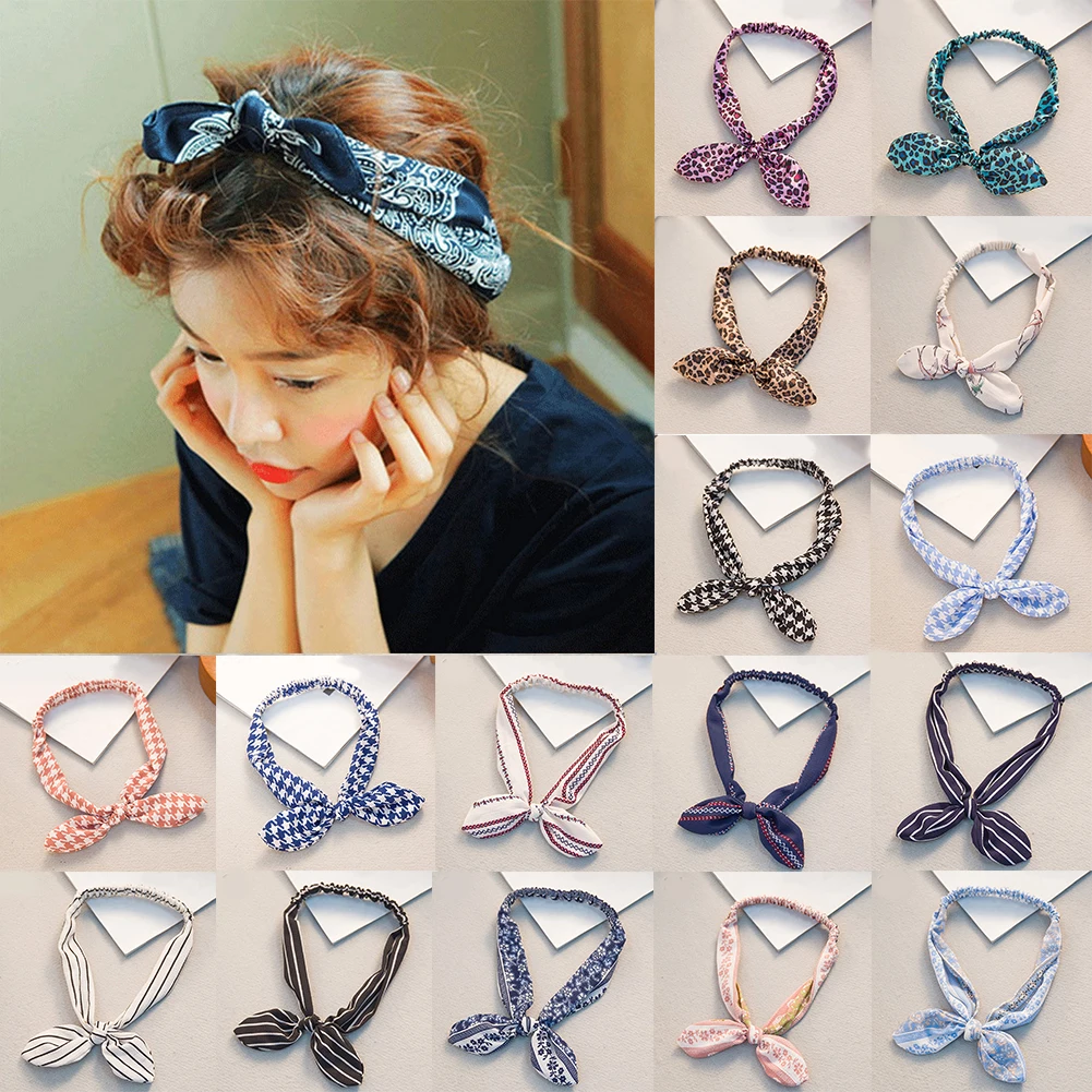 Retro Women Bandana Rabbit Ear Headband Leopard Striped Plaid Hair Bands Bowknot Elastic Iron Wire Hairband Floral Scrunchie Hot