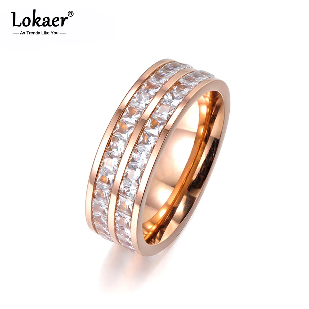 Lokaer Simple Design Pave Two Row Clear Cubic Zirconia Rose Gold Color Titanium Steel Anniversary Wedding Rings For Women R17050