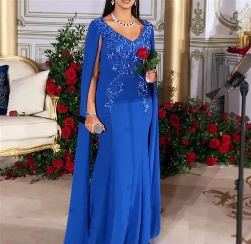 Robe de soirée de forme sirène avec Cape, tenue de bal de standing, de couleur bleue, avec des appliques en dentelle, pour les célébrités arabes de dubaï, 2021