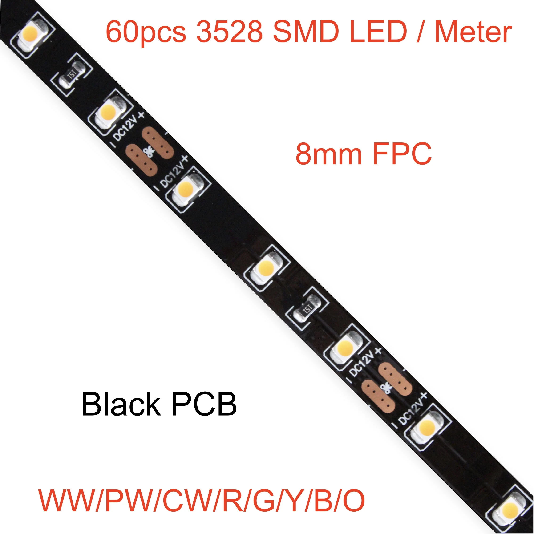 5m a roll/ a lot,  led 3528 strip light,  60pcs led per meter, 12V, black PCB Board