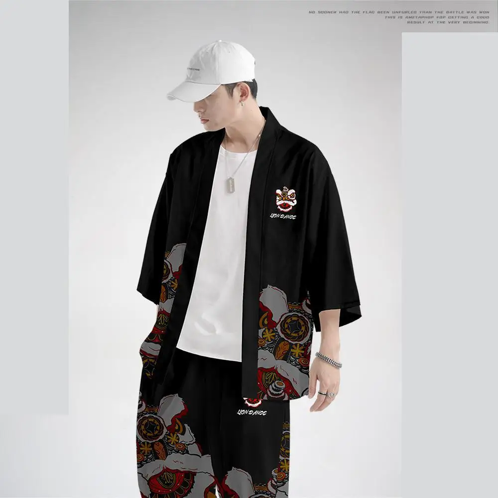 

Traditional Black Print Kimono Pant Japanese Samurai Clothing Male Lounge Streetwear Japanischer Stil High-quality