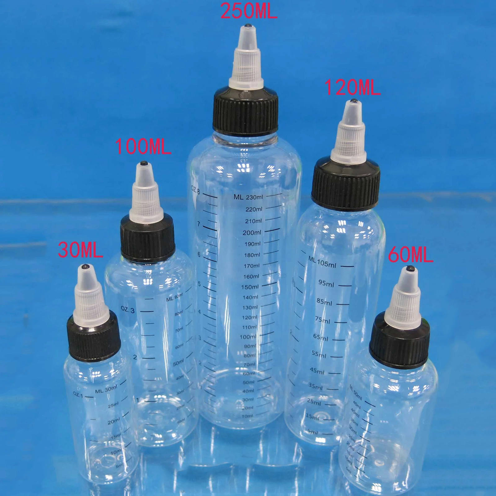 5x PET Leere Dropper Flasche mit Twist Cap + Skala Tattoo kit Zubehör, 30/60/ 100/120/250/500ml