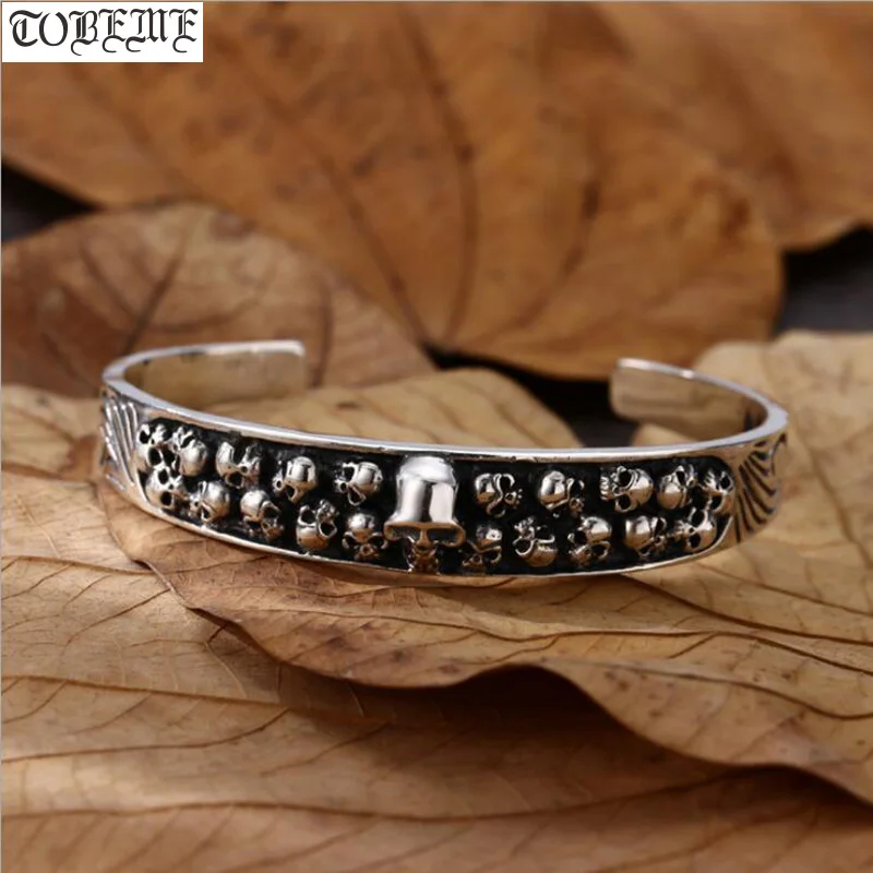 

100% 925 Silver Skull Bracelet 925 Sterling Skeleton Bangle Pure Silver Hiphop Punk Cuff Bracelet