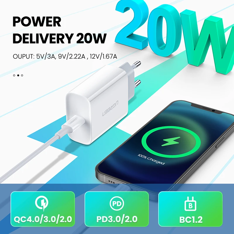 UGREEN PD Sạc 20W Sạc Nhanh Cho iPhone 13 12 X Sạc USB Type C Dành Cho Xiaomi Sạc Nhanh 4.0 3.0 Sạc Sạc Điện Thoại